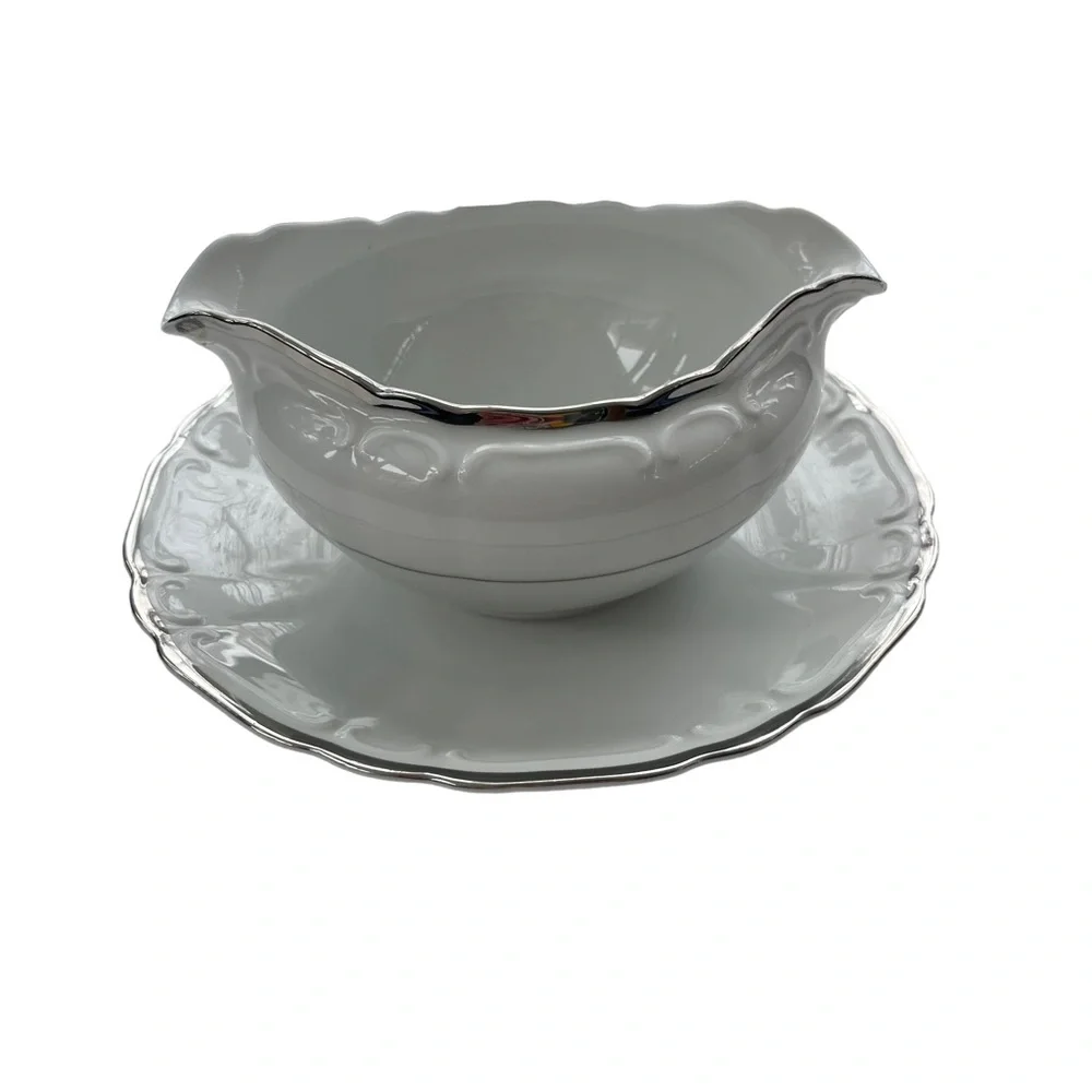 Vintage Silver Sonata By HARMONY HOUSE FINE CHINA Gravy Boat Attached Underplate